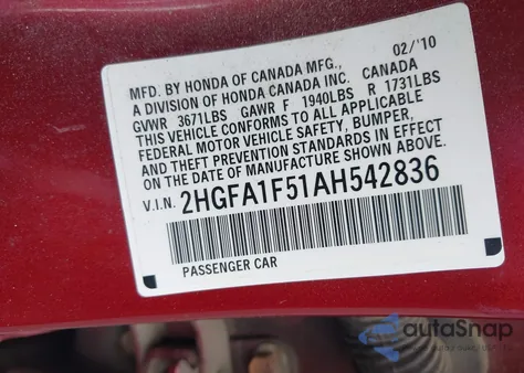 2010 Honda Civic Lx из США, поврежденный, VIN 2HGFA1F51AH542836